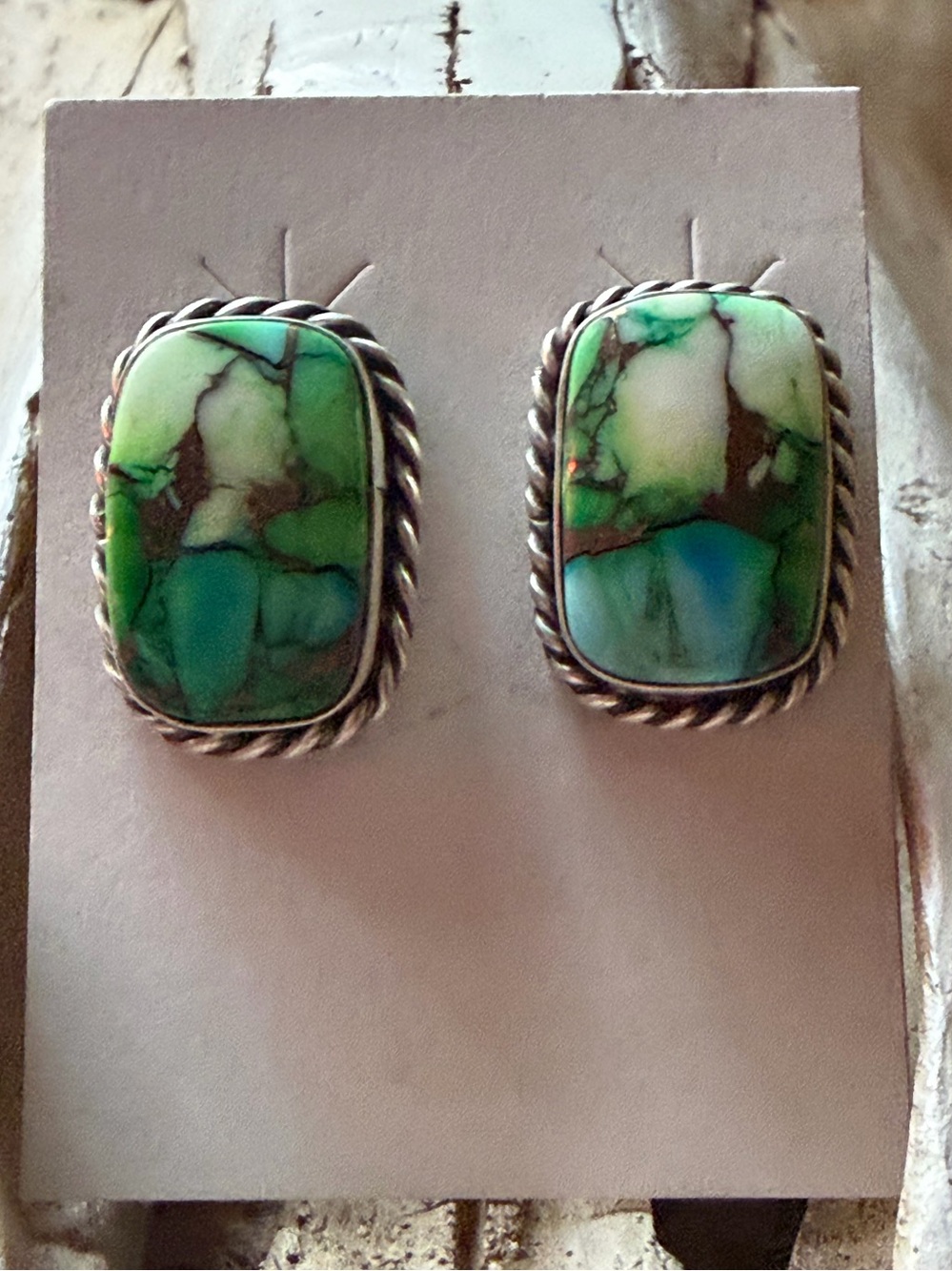 Trish Largo Navajo Peacoch handmade-Sterling Silver Rope Stud Earrings -Jewelry